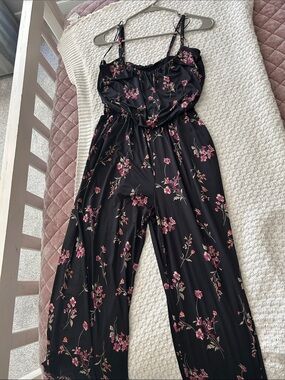 Kaileigh Black romper/jumpsuit with Pink Floral Print